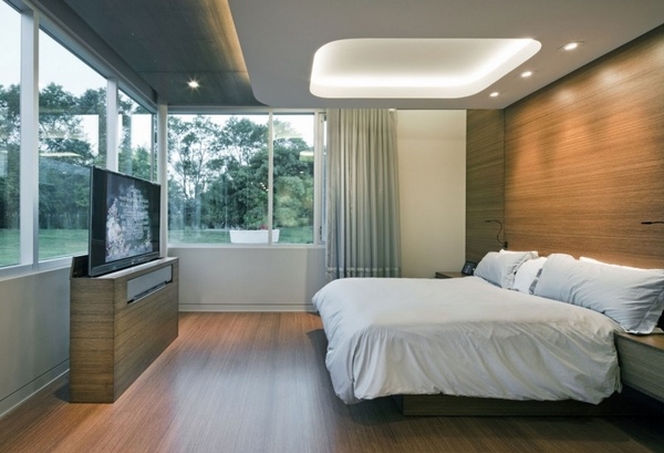 modern bedroom design ideas wood wall panels suspended ceiling