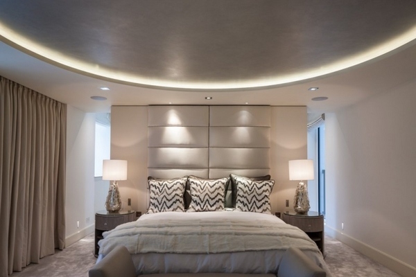 modern bedroom interior ideas suspended ceiling hidden glow creme color