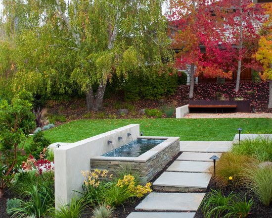 modern garden water features natural stone basin garden path