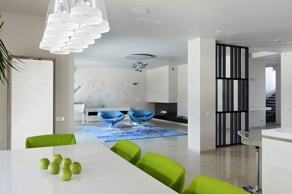 modern home interior white dining green chairs