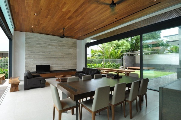 modern house interior design black and wood combination garden view 