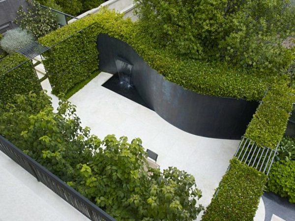 garden design small patio curved wall hedge plants