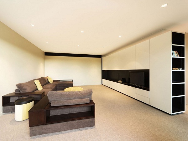 modern interior white wall bookcase comfortable sofa Douglas Street