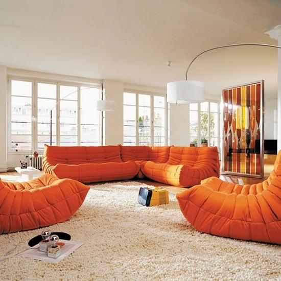 modern orange upholstery furniture white carpet