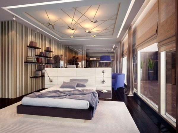modern open bedroom design recessed ceiling lighting Penthouse Moscow