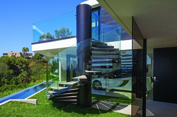 modern outdoor spiral glass railing