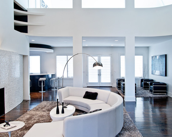 shaggy rugs white living room semi round sofa floor lamp