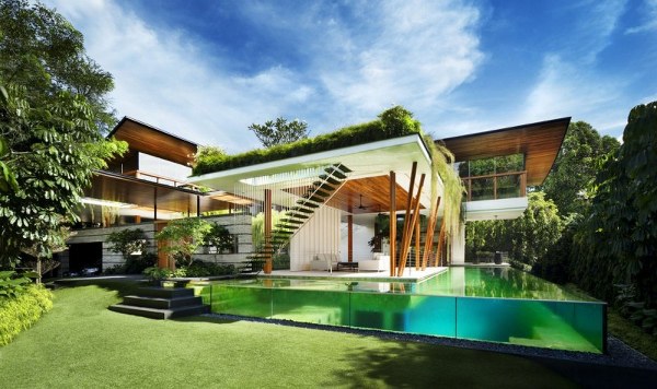 outdoor swimming pool grass walls edge The Willow House