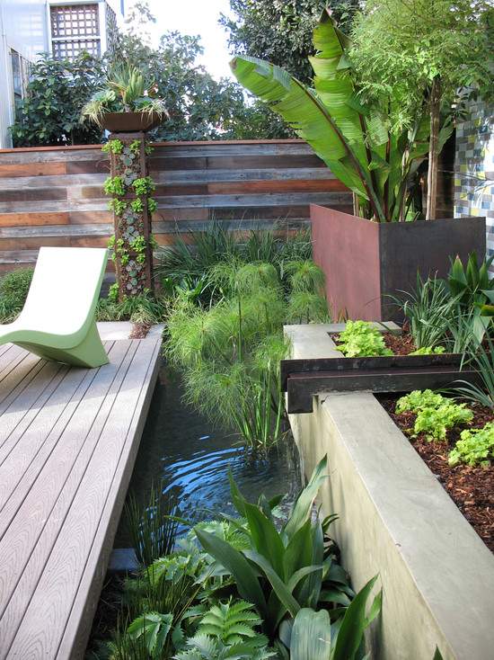 patio ideas wooden fence garden water feature deck