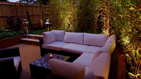 patio lanscaping design outdoor lighting sitting area privacy garden fence