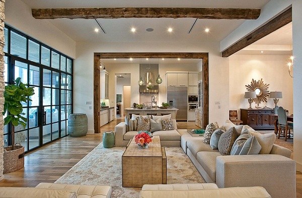 rustic-living room-design-ideas-wooden-coffee-table-white-walls-old-beams-Cat-Mountain-Residence