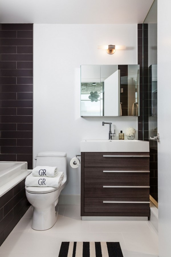 small bathroom design ideas wooden vanity bathtub black wall tiles