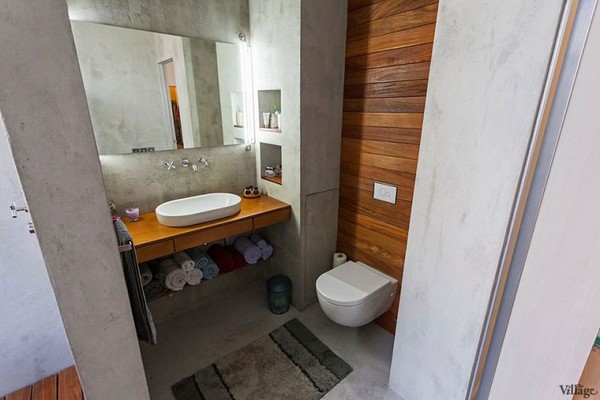 small bathroom interior design ideas concrete wall wooden basin shelf 