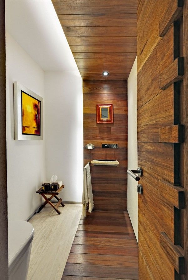 small narrow bathroom interior design wooden planks rustic ambience 