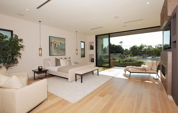 modern bedroom living room ideas design laminate flooring fireplace balcony