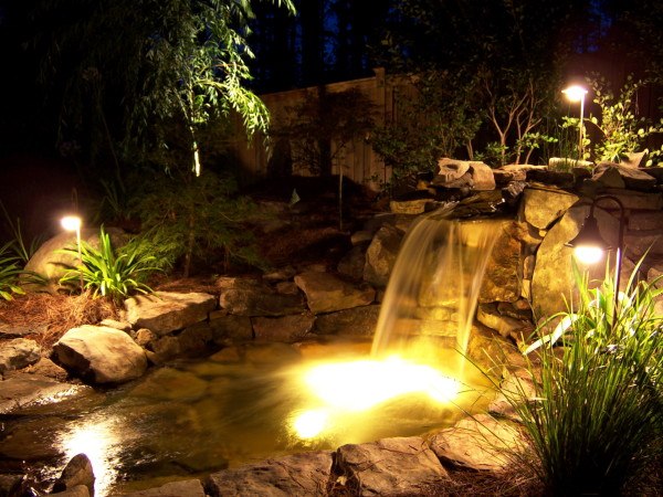 spectacular exterior lighting water basin waterfall