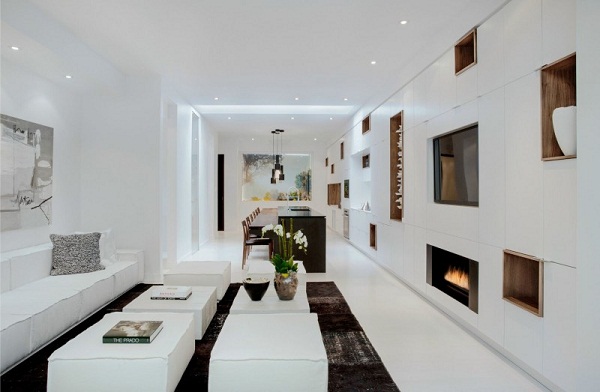 stylish chic white interior long sofa cofee table fireplace urban apartment design