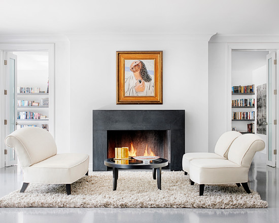 white living room fireplace sofas shaggy carpet coffee table