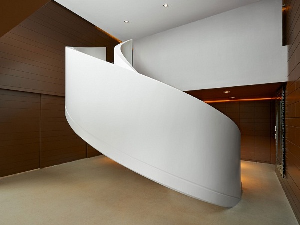 white massive spiral staircase interior design Casa Bilbaina