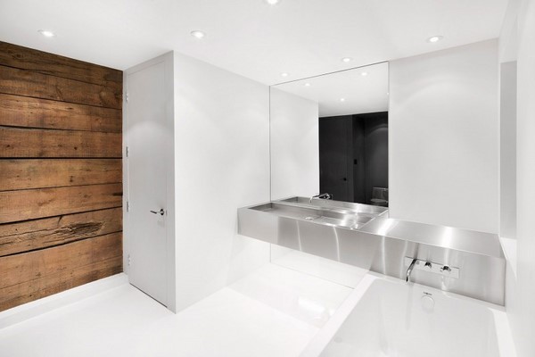 white minimalist bathroom wooden wall metal basin