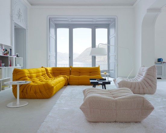 yellow upholstered furniture interior snow white carpet