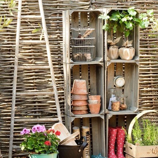 Garden ideas wooden boxes flower pots shelf ladder