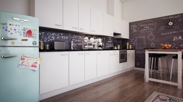 Kitchen renovation ideas blackboard wall panel white kitchen cabinets