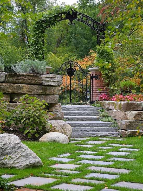 Landscape country house decorative metal gate stone wall path