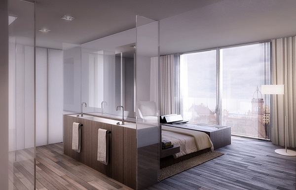 Modern apartment interiors bedroom bathroom open plan