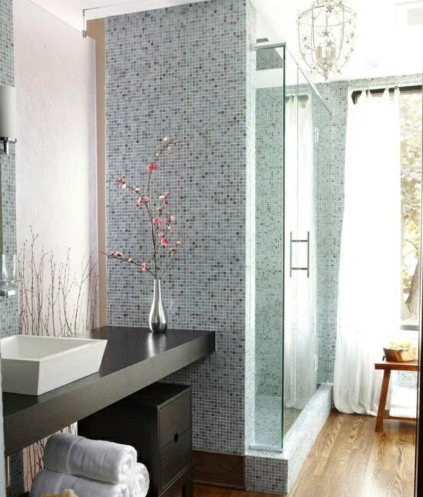 Mosaic tiles shower wood flooring