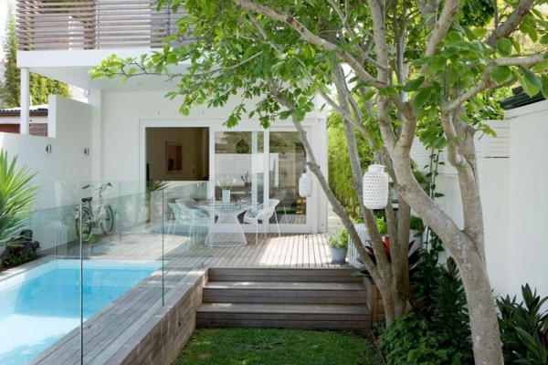 Wooden deck terrace pool mini garden design
