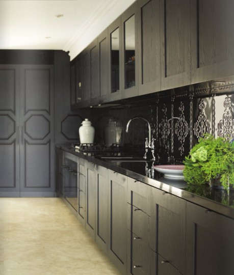 black cabinets metal tiles backsplash modern