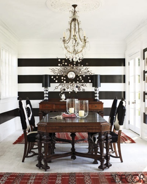 black white horizontal stripes dining room black table