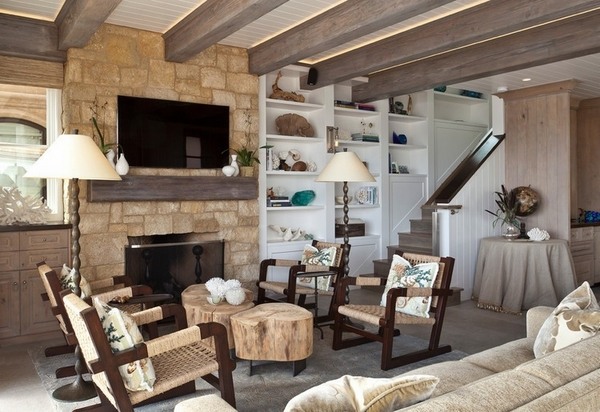 ceiling rustic style ideas wooden beams natural stone wall