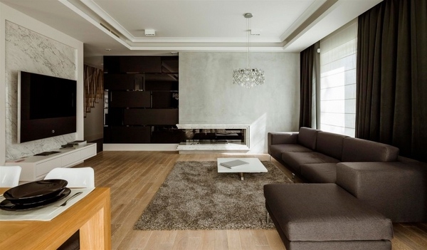contemporary living room brown white color palette shaggy rug 