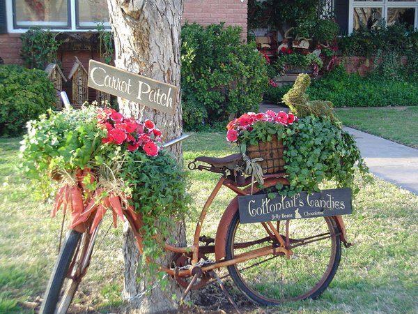 old bike used as flower basket