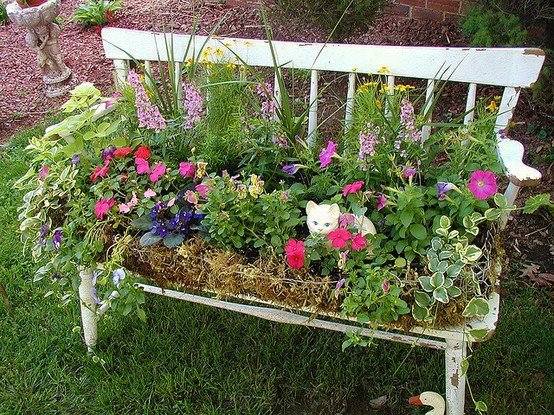 old garden bench flower container