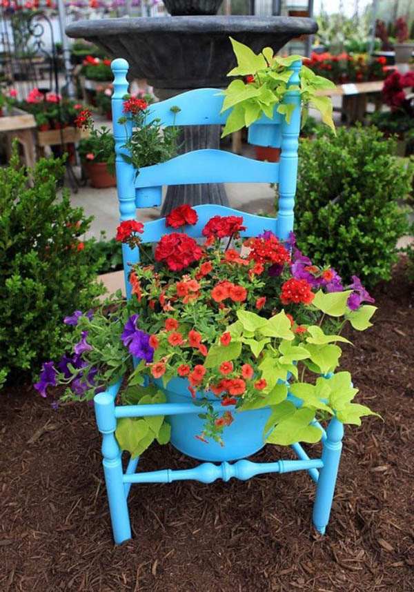 old chair blue paint planter