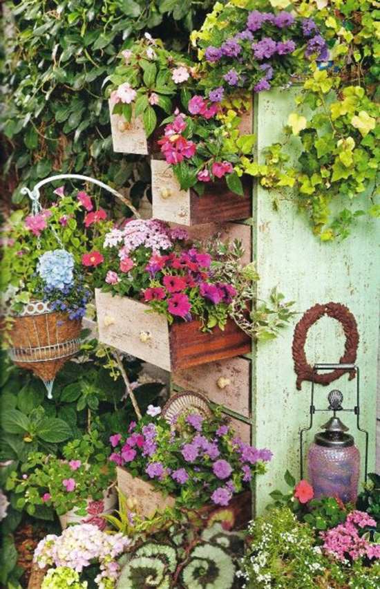 patio decoration weathered wood drawers flower