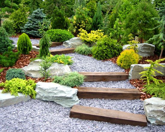 gravel wood stairs plants