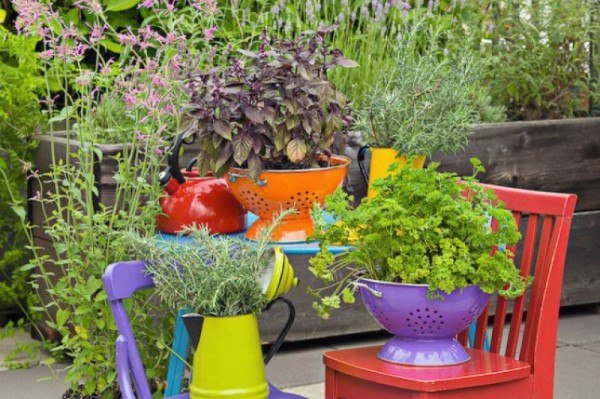 homemade planters and kitchen teapots colored