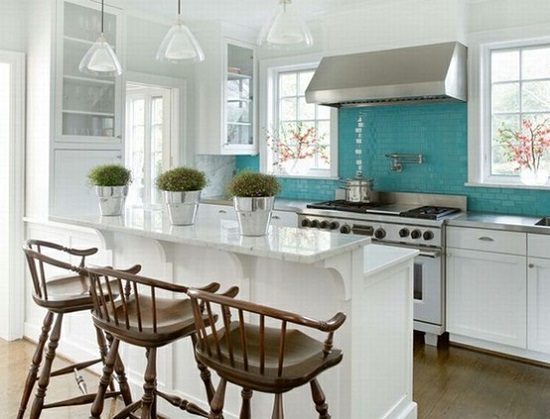 kitchen design ideas blue back-splash white cabinets