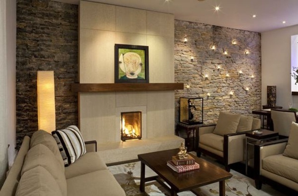 Natural Stone Wall In The Living Room Charm Of Real - Interior Stone Wall Lighting Ideas