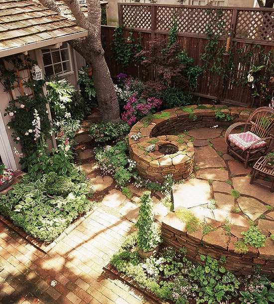 low stone wall garden seating space use