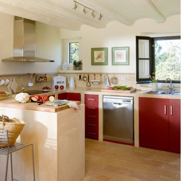 modern Mediterranean house interior large kitchen design red cabinet fronts