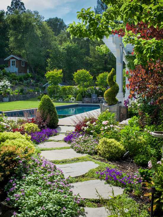 modern garden natural stone path swimming pool