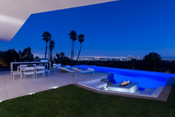 modern house exterior design outdoor dining area pool fireplace laurel way