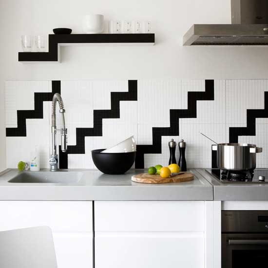  kitchen back-splash designs geometric pattern black white tiles