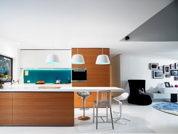 modern kitchen built in Led light wooden kitchen cabinets island dining table