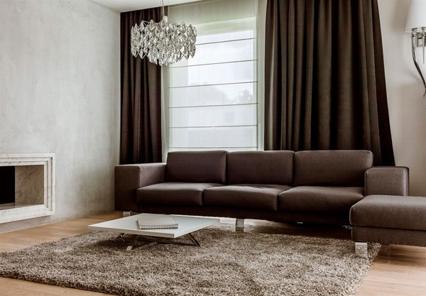 modern living room dark brown sofa curtains